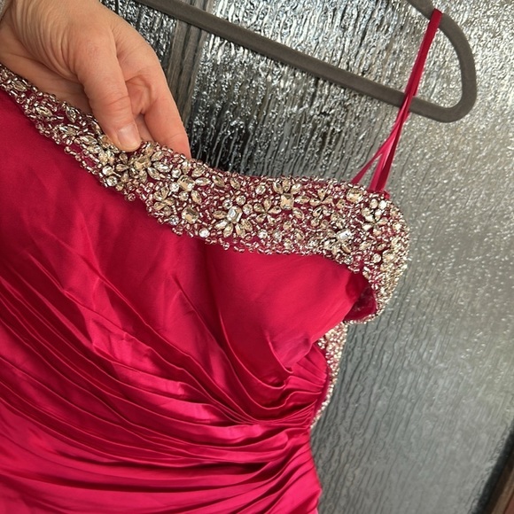 Mac Duggal Strapless Ruched Embellished Gem Gown Hot Pink Dress Size 10 - Picture 8 of 13